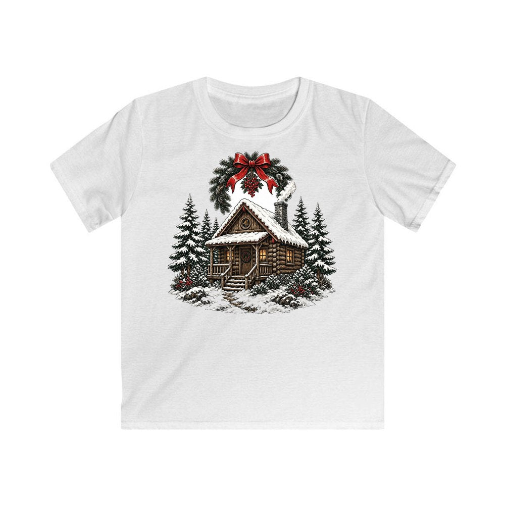 Wreathed Log Cabin in the Snow personalised kids Christmas tee in white
