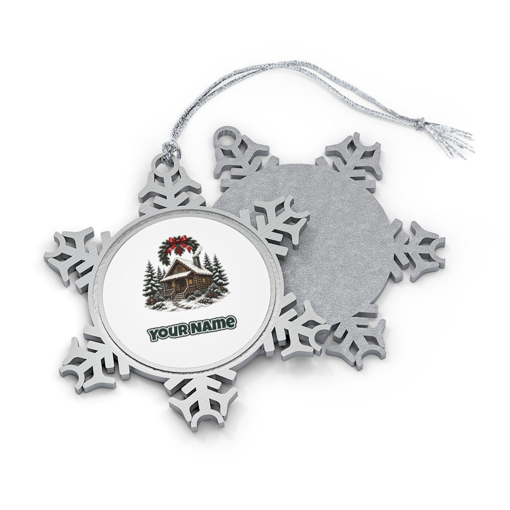 Snowy Log Cabin Personalised Pewter Christmas Ornament