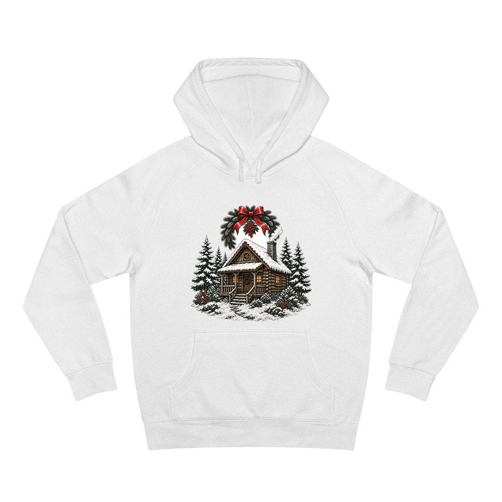 Wreathed Log Cabin in the Snow personalised Christmas hoodie in white