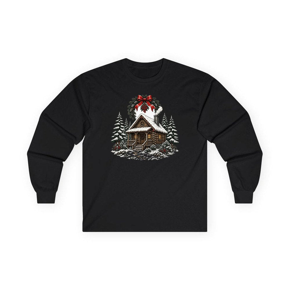 Wreathed Log Cabin in the Snow personalised long sleeve Christmas T-shirt in black