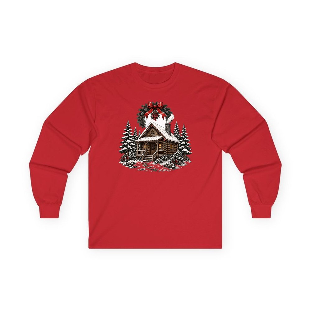 Wreathed Log Cabin in the Snow personalised long sleeve Christmas T-shirt in red