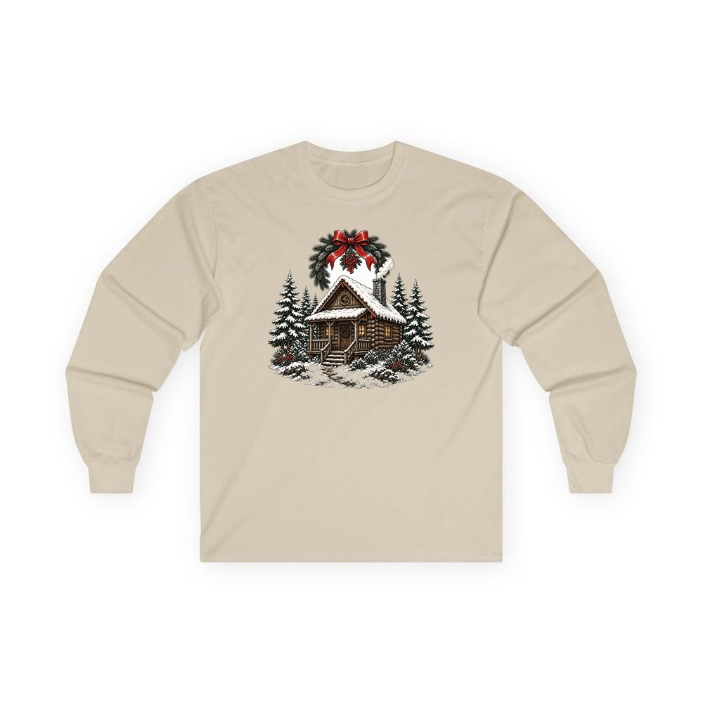 Wreathed Log Cabin in the Snow personalised long sleeve Christmas T-shirt in sand