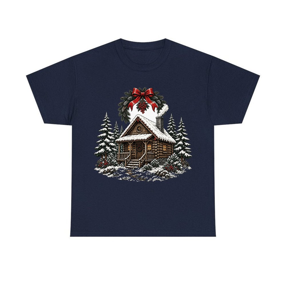 Wreathed Log Cabin in the Snow personalised Christmas T-shirt in navy