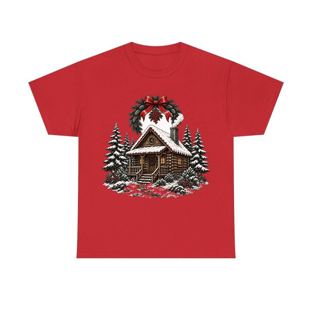 Wreathed Log Cabin in the Snow personalised Christmas T-shirt in red