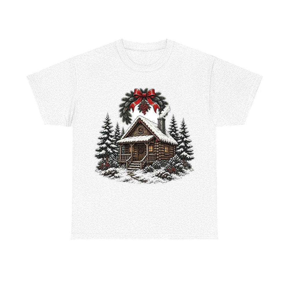 Wreathed Log Cabin in the Snow personalised Christmas T-shirt in white