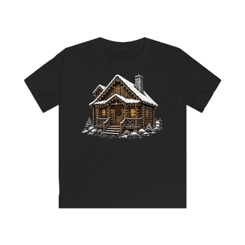Snowy Log Cabin personalised kids Christmas tee in black