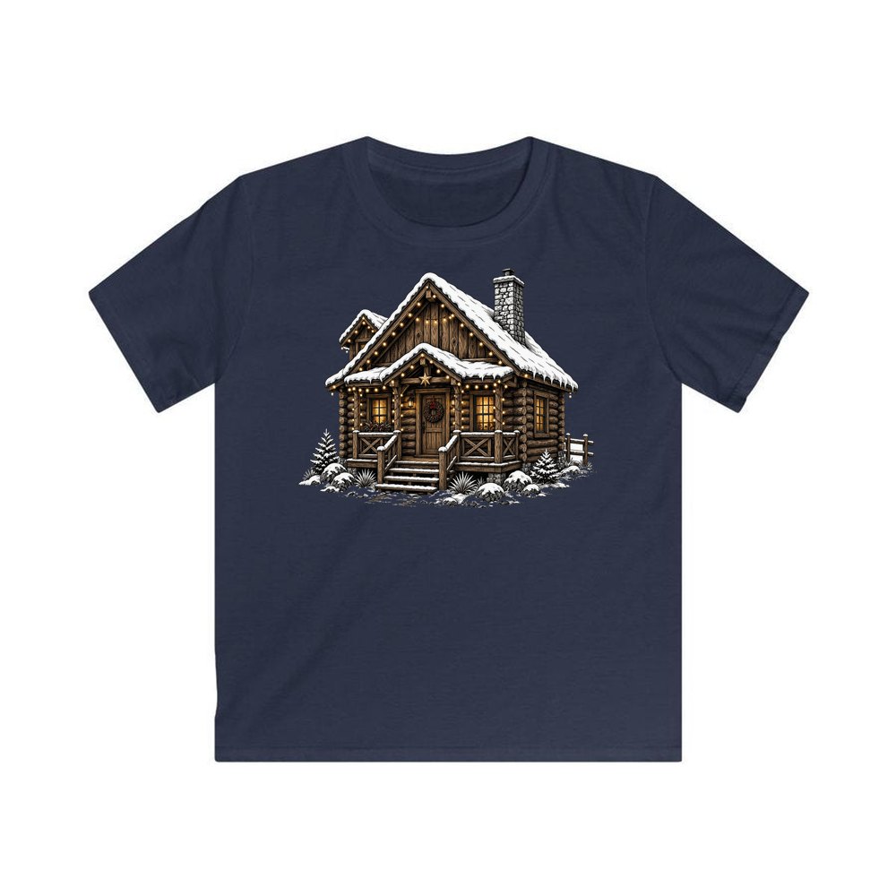 Snowy Log Cabin personalised kids Christmas tee in navy
