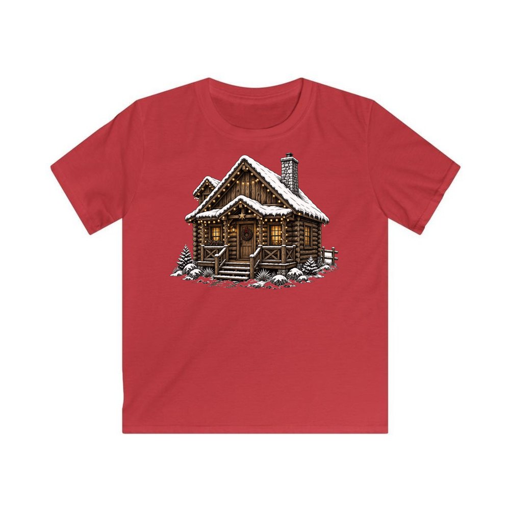 Snowy Log Cabin personalised kids Christmas tee in red