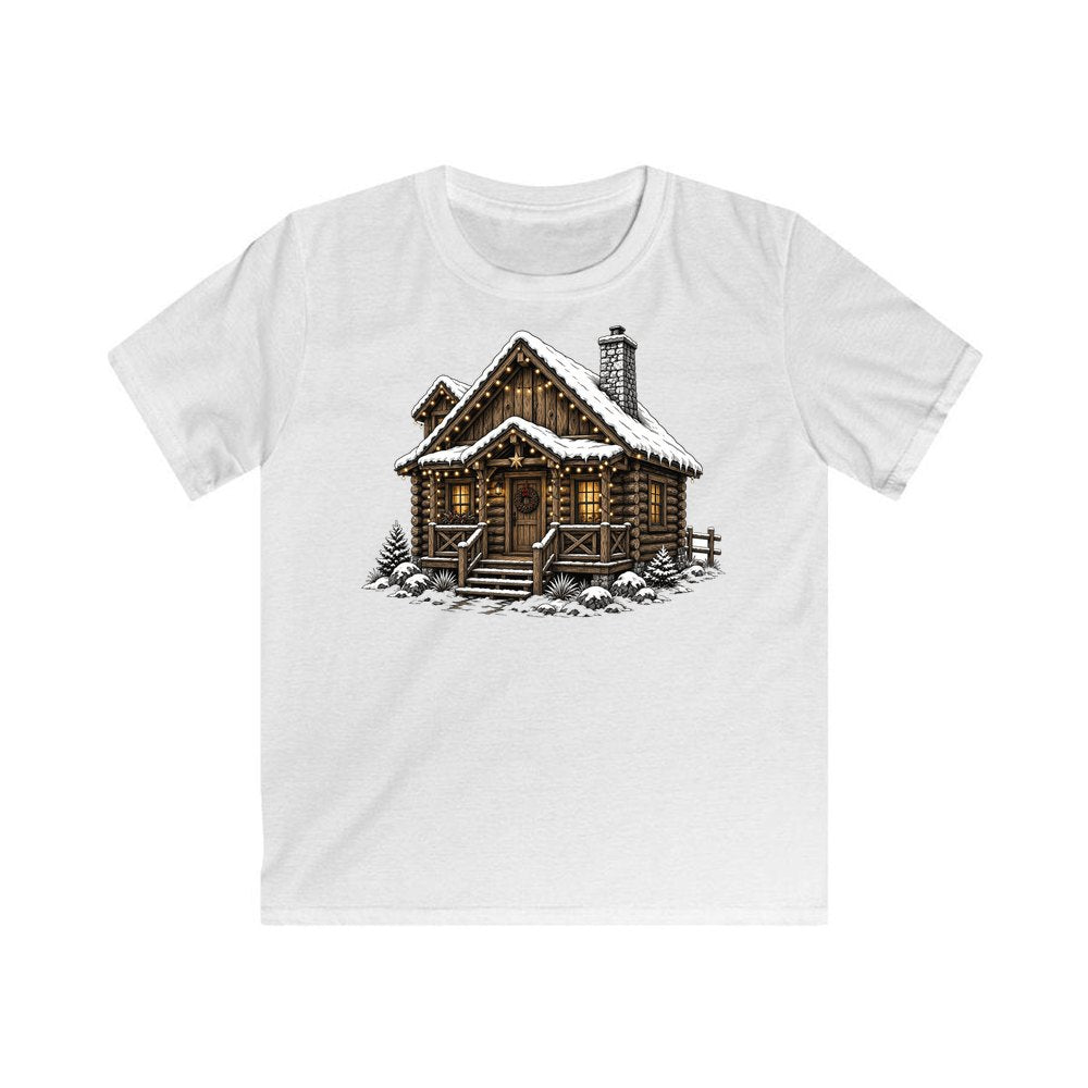 Snowy Log Cabin personalised kids Christmas tee in white