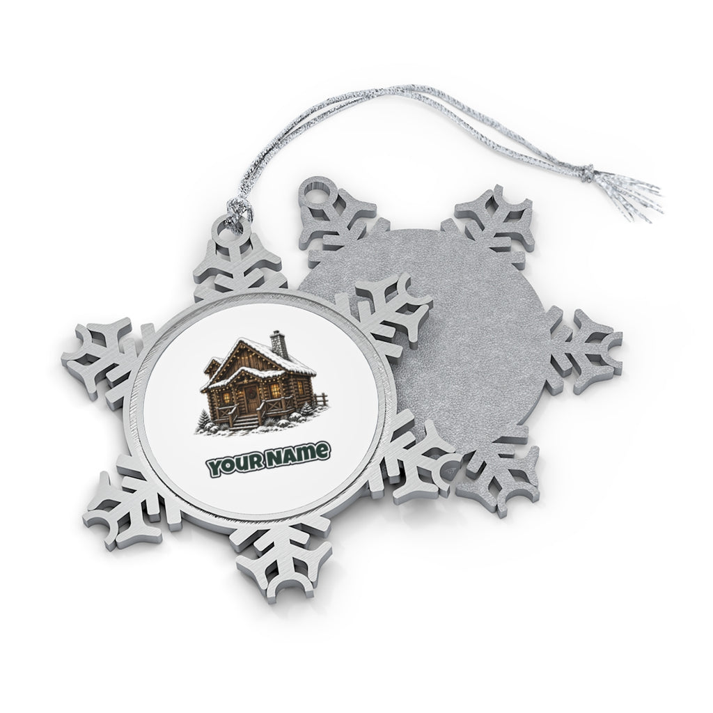 Snowy Log Cabin Personalised Pewter Christmas Ornament