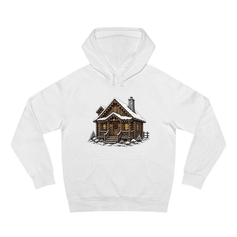 Snowy Log Cabin personalised Christmas hoodie in white
