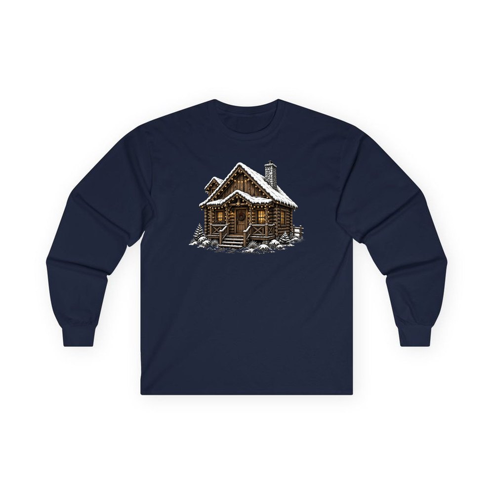 Snowy Log Cabin personalised long sleeve Christmas T-shirt in navy