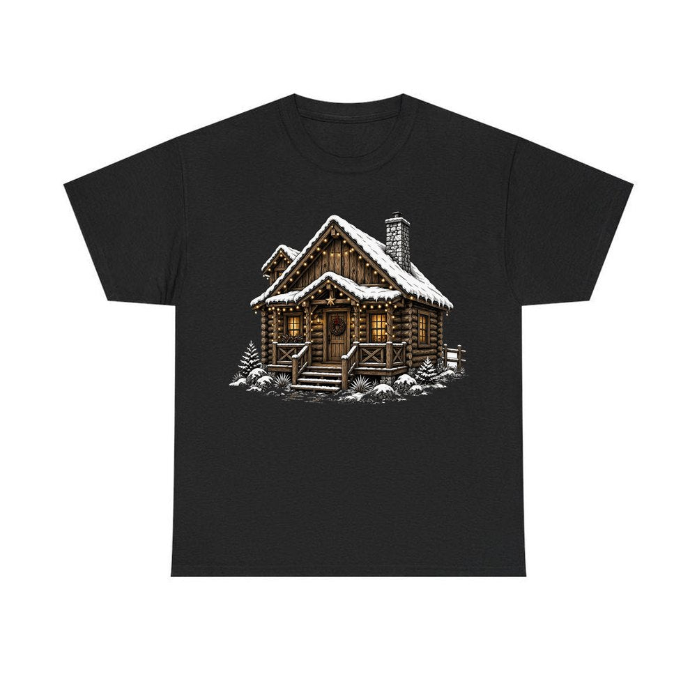 Snowy Log Cabin personalised Christmas T-shirt in black