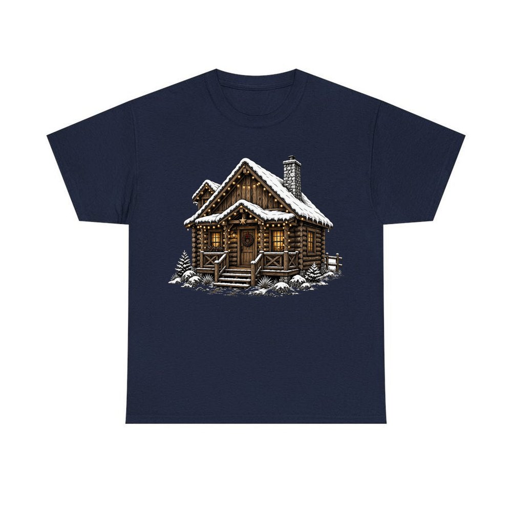 Snowy Log Cabin personalised Christmas T-shirt in navy