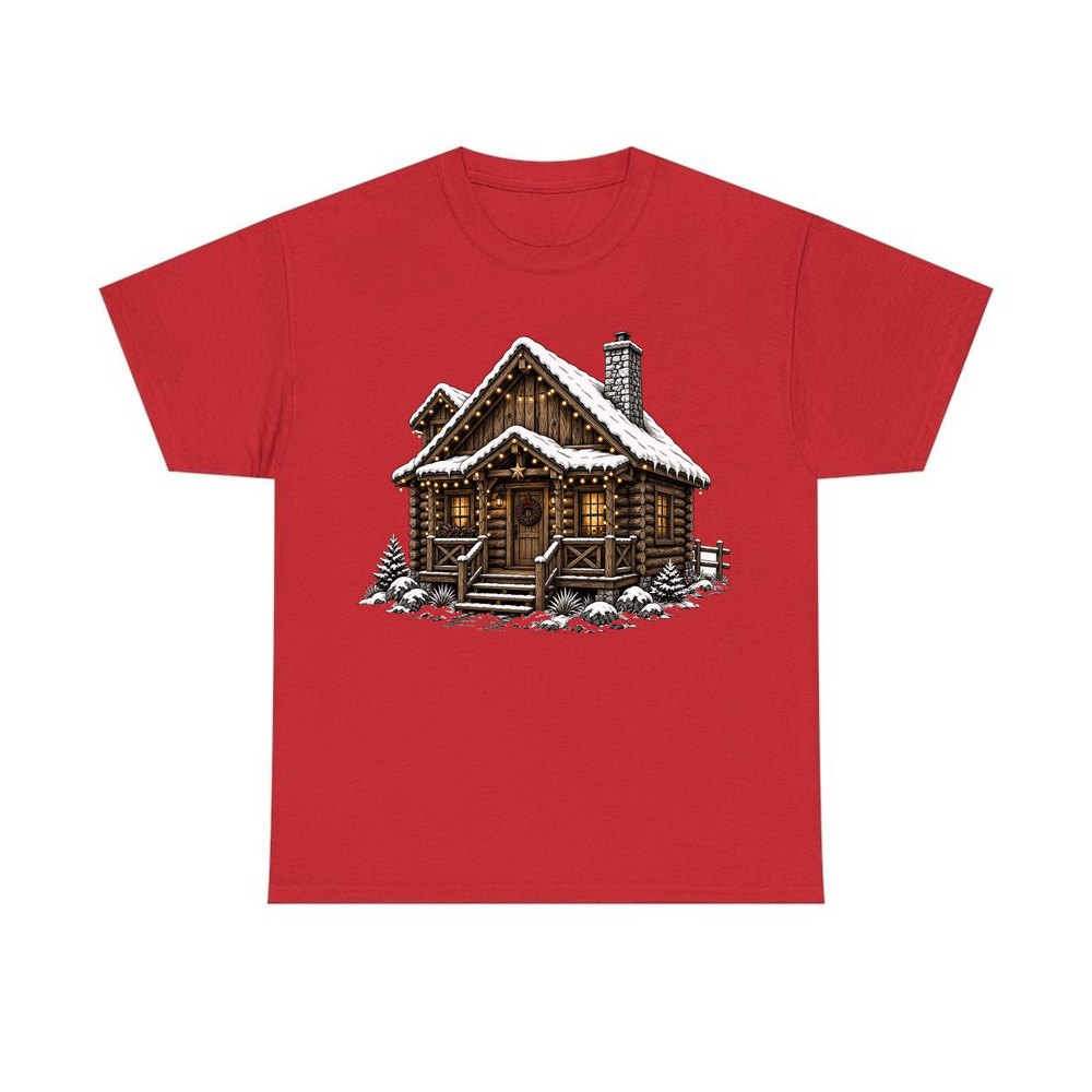 Snowy Log Cabin personalised Christmas T-shirt in red