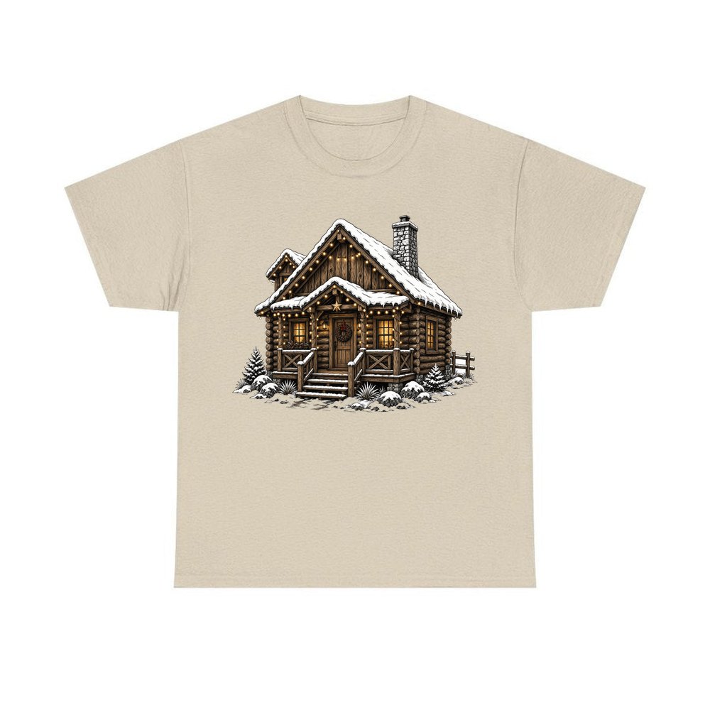 Snowy Log Cabin personalised Christmas T-shirt in sand