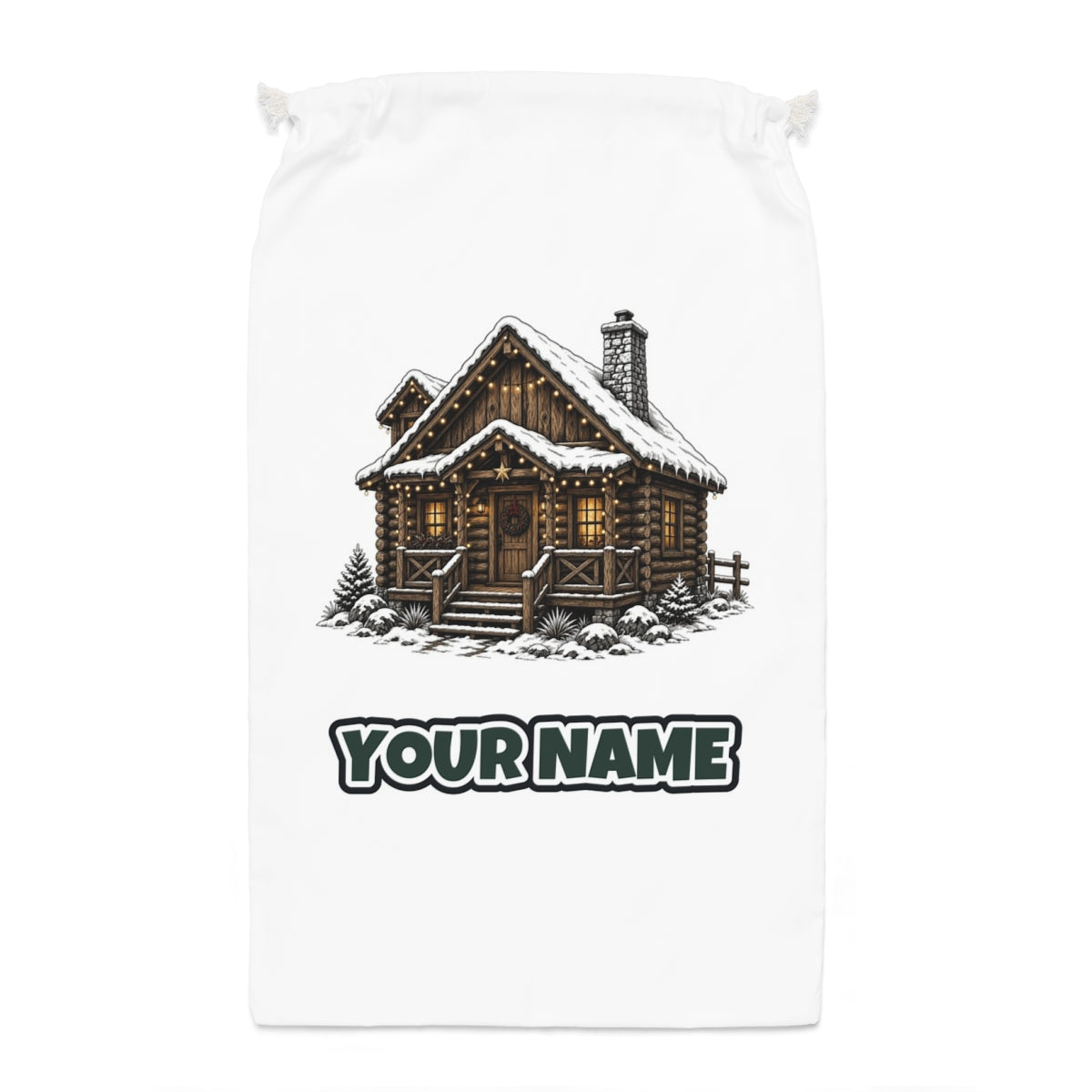 Snowy Log Cabin Santa sack laid flat, showing the full print