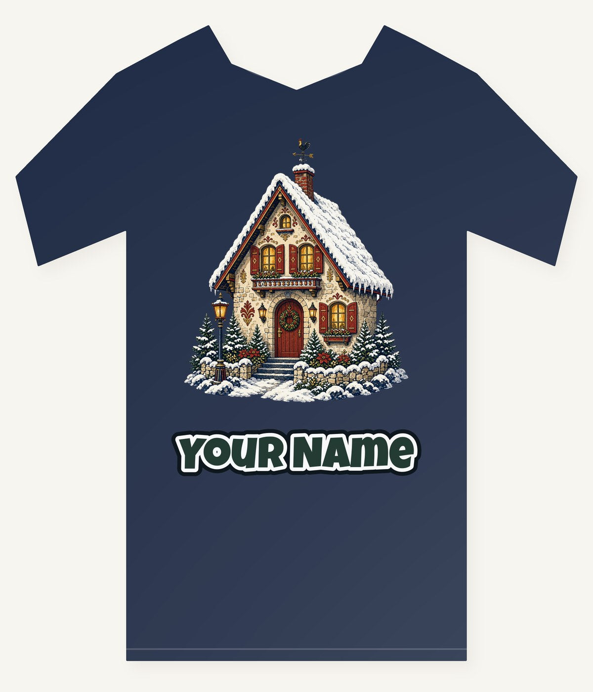 Snowy Village Cottage personalised kids Christmas tee with the design and a name printed on the front