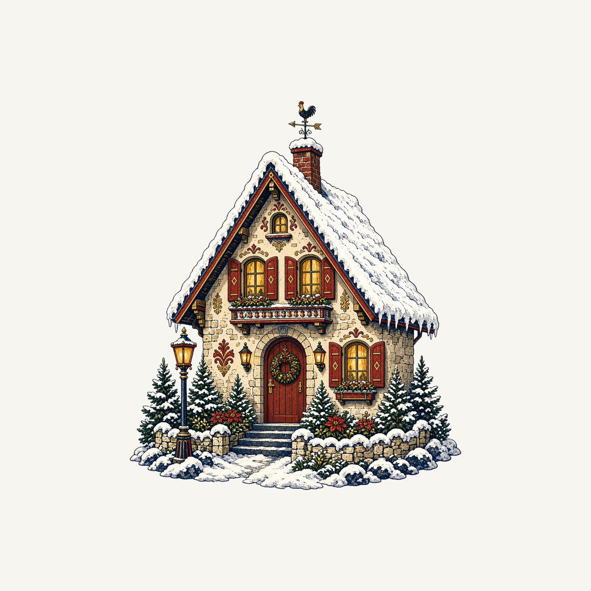 Snowy Village Cottage Christmas artwork, the design printed on the personalised kids tee