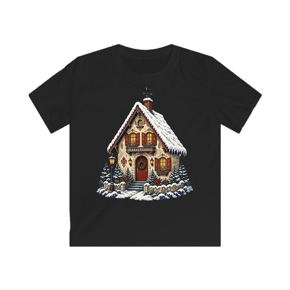 Snowy Village Cottage personalised kids Christmas tee in black