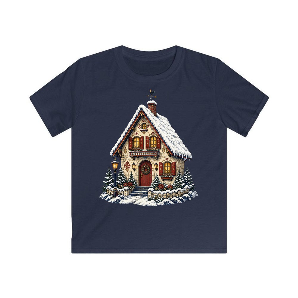 Snowy Village Cottage personalised kids Christmas tee in navy