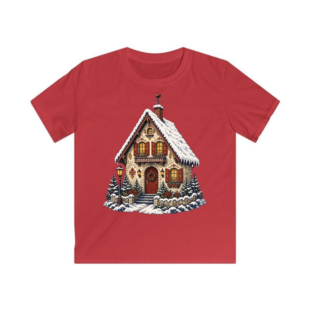 Snowy Village Cottage personalised kids Christmas tee in red