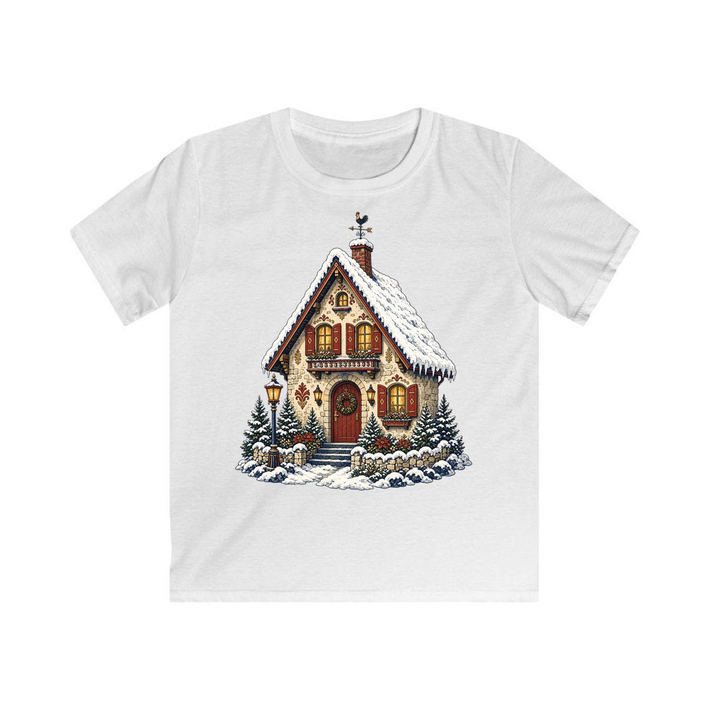 Snowy Village Cottage personalised kids Christmas tee in white