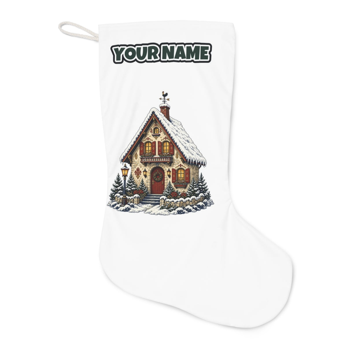 Snowy Village Cottage Christmas stocking laid flat, showing the full print