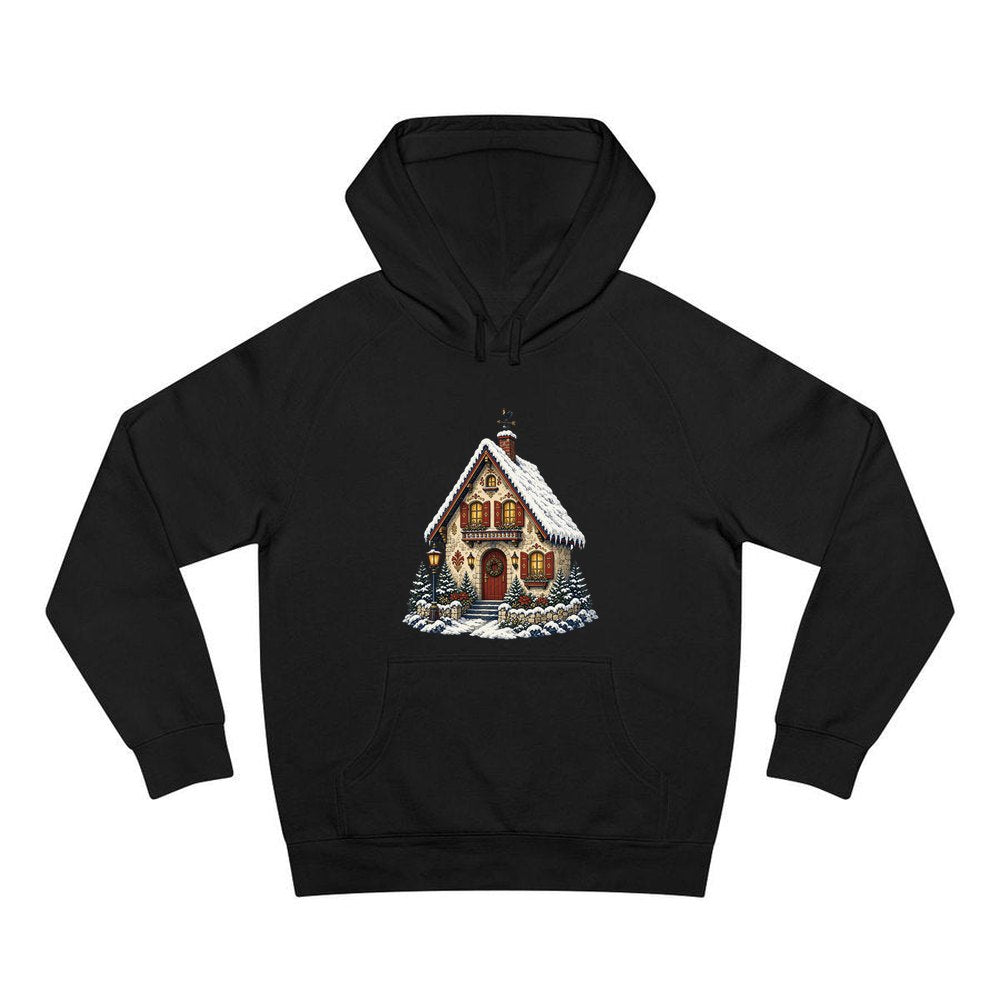 Snowy Village Cottage personalised Christmas hoodie in black