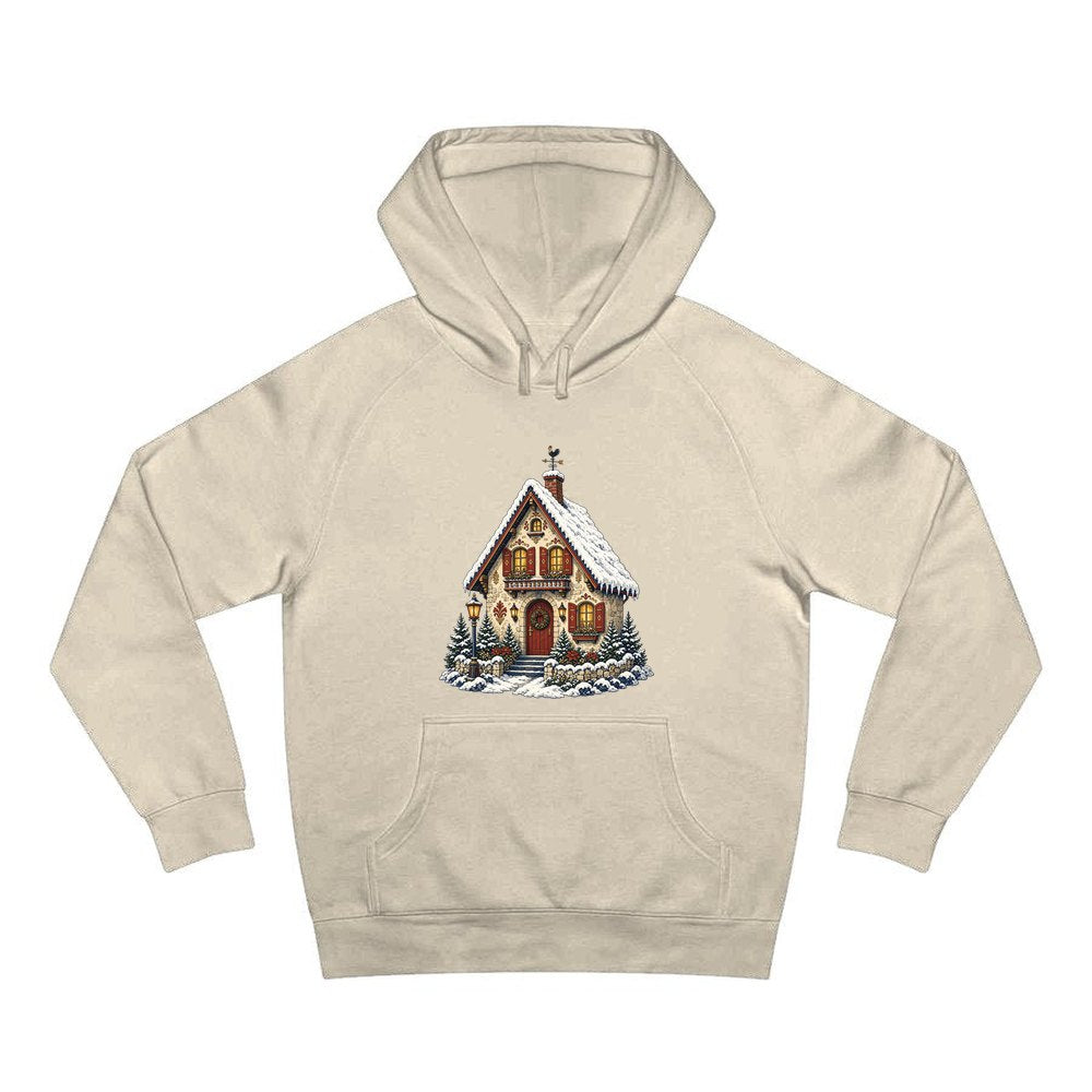 Snowy Village Cottage personalised Christmas hoodie in sand