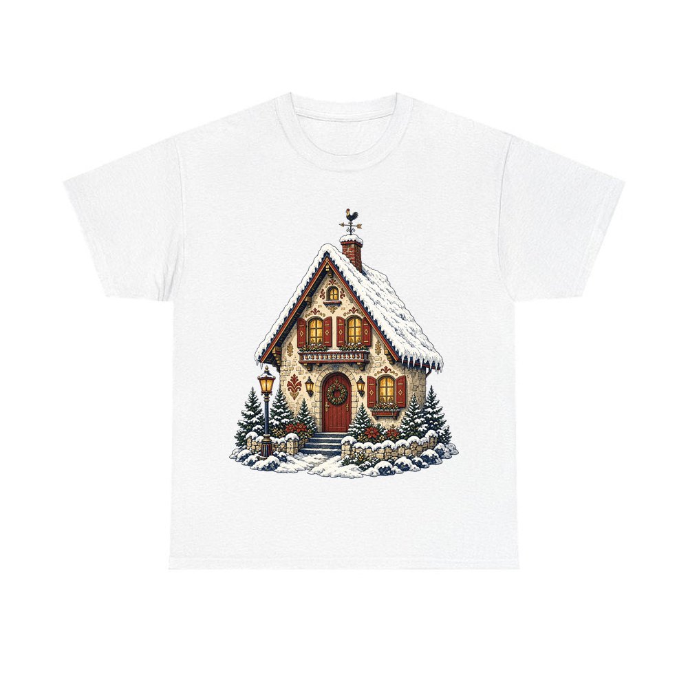 Snowy Village Cottage personalised Christmas T-shirt in white