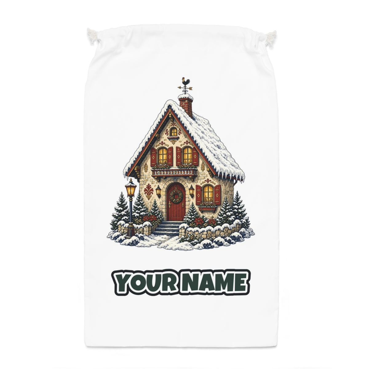 Snowy Village Cottage Santa sack laid flat, showing the full print