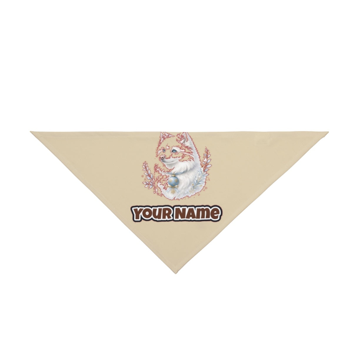 Snowy White Dog Bauble personalised Christmas pet bandana in beige, tie-on style