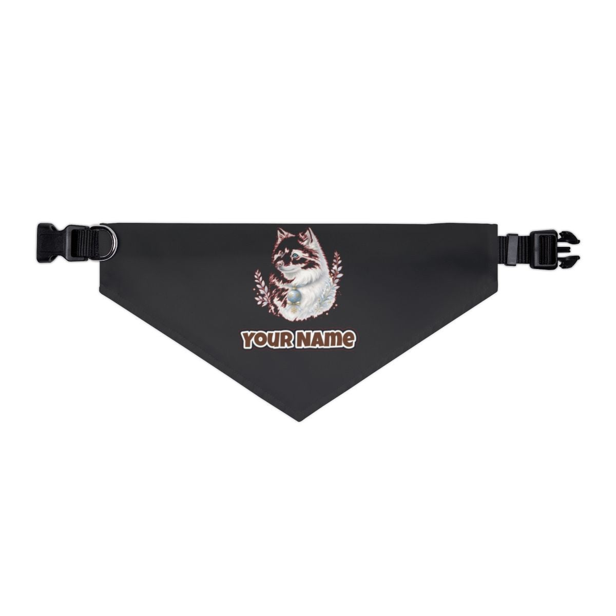 Snowy White Dog Bauble personalised Christmas pet bandana in black, collar with buckle