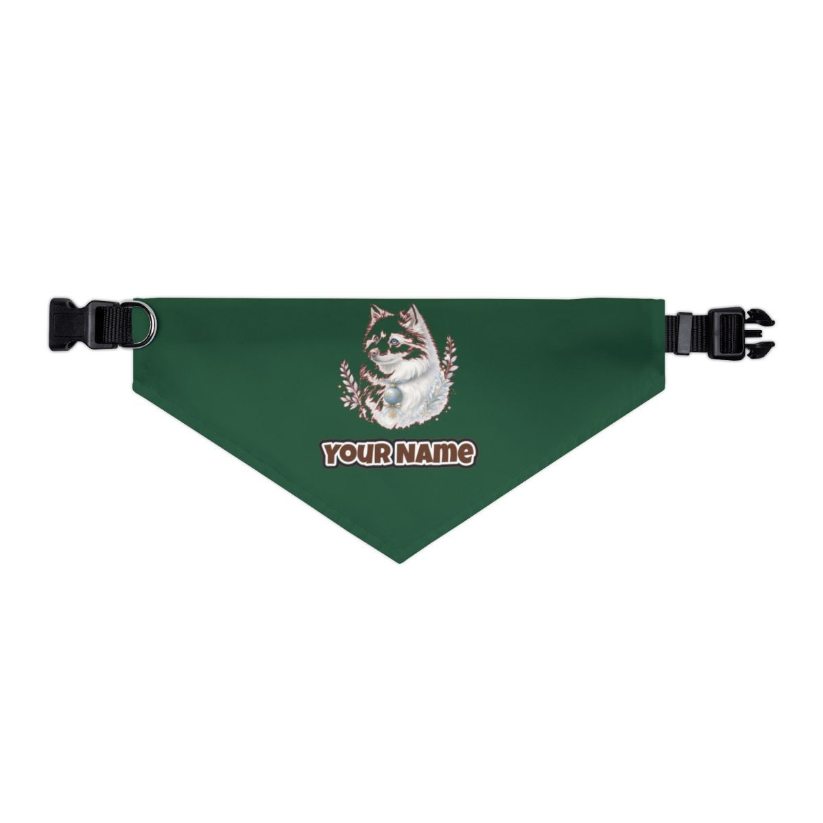 Snowy White Dog Bauble personalised Christmas pet bandana in green, collar with buckle