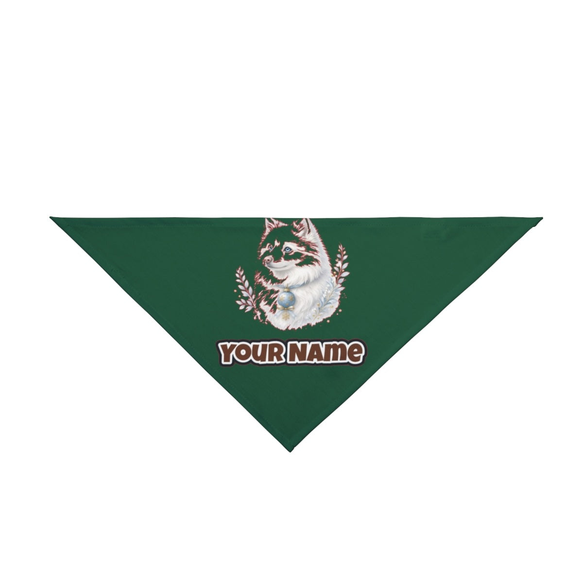 Snowy White Dog Bauble personalised Christmas pet bandana in green, tie-on style