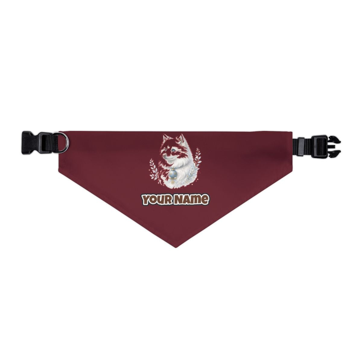 Snowy White Dog Bauble personalised Christmas pet bandana in maroon, collar with buckle