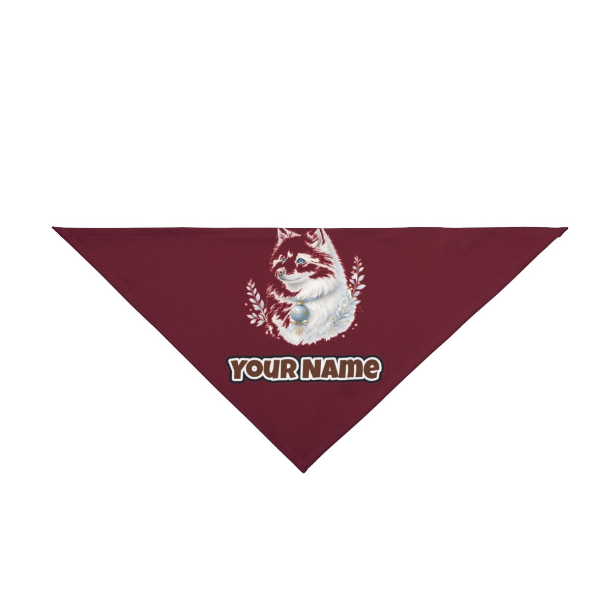 Snowy White Dog Bauble personalised Christmas pet bandana in maroon, tie-on style