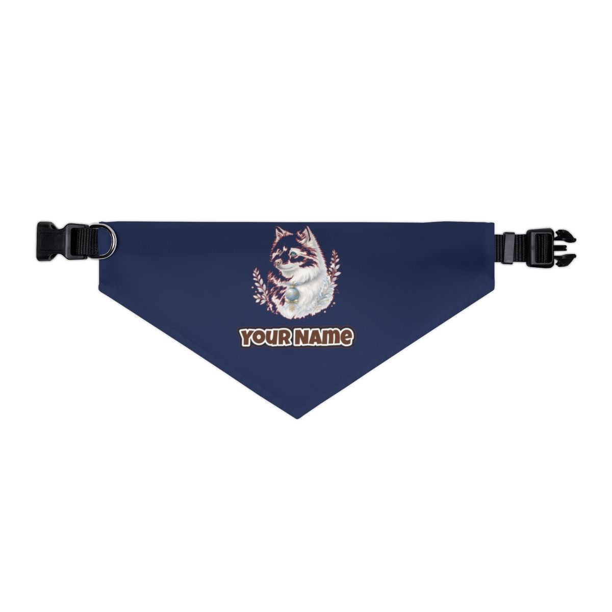 Snowy White Dog Bauble personalised Christmas pet bandana in navy, collar with buckle