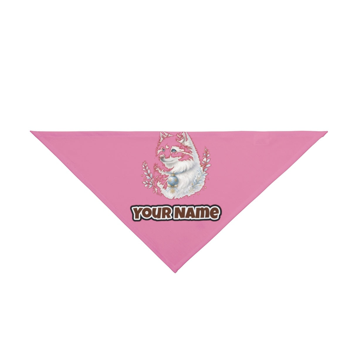 Snowy White Dog Bauble personalised Christmas pet bandana in pink, tie-on style