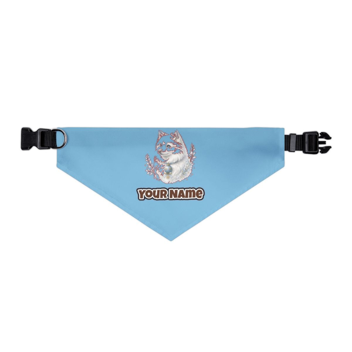 Snowy White Dog Bauble personalised Christmas pet bandana in sky blue, collar with buckle