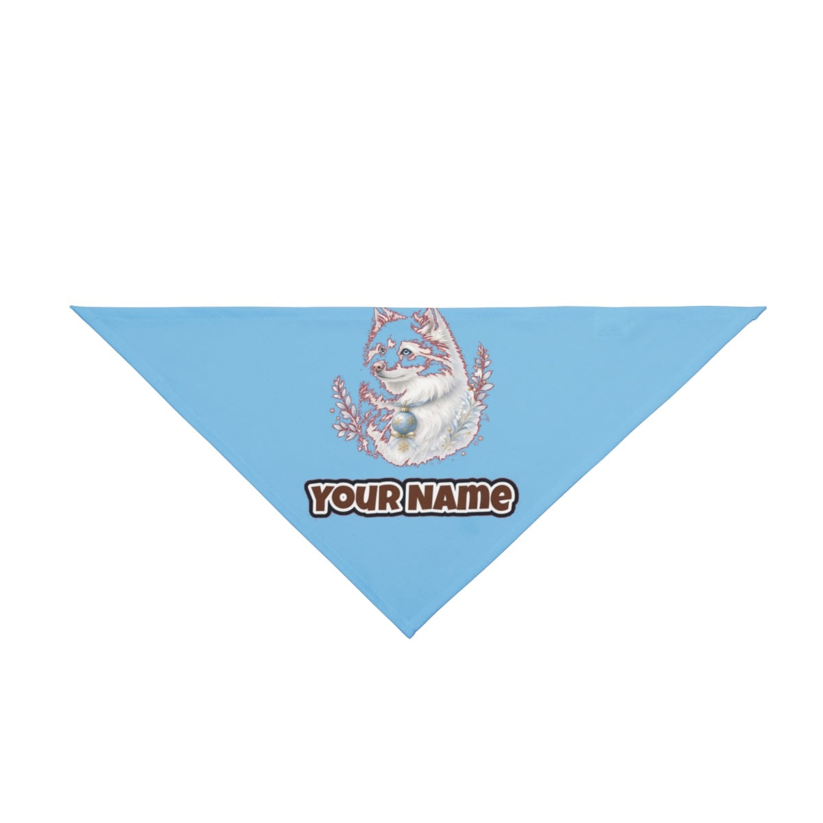 Snowy White Dog Bauble personalised Christmas pet bandana in sky blue, tie-on style