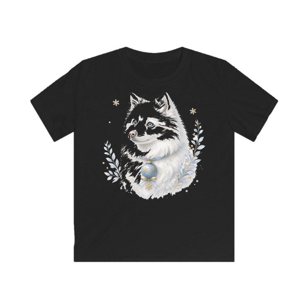 Snowy White Dog Bauble personalised kids Christmas tee in black