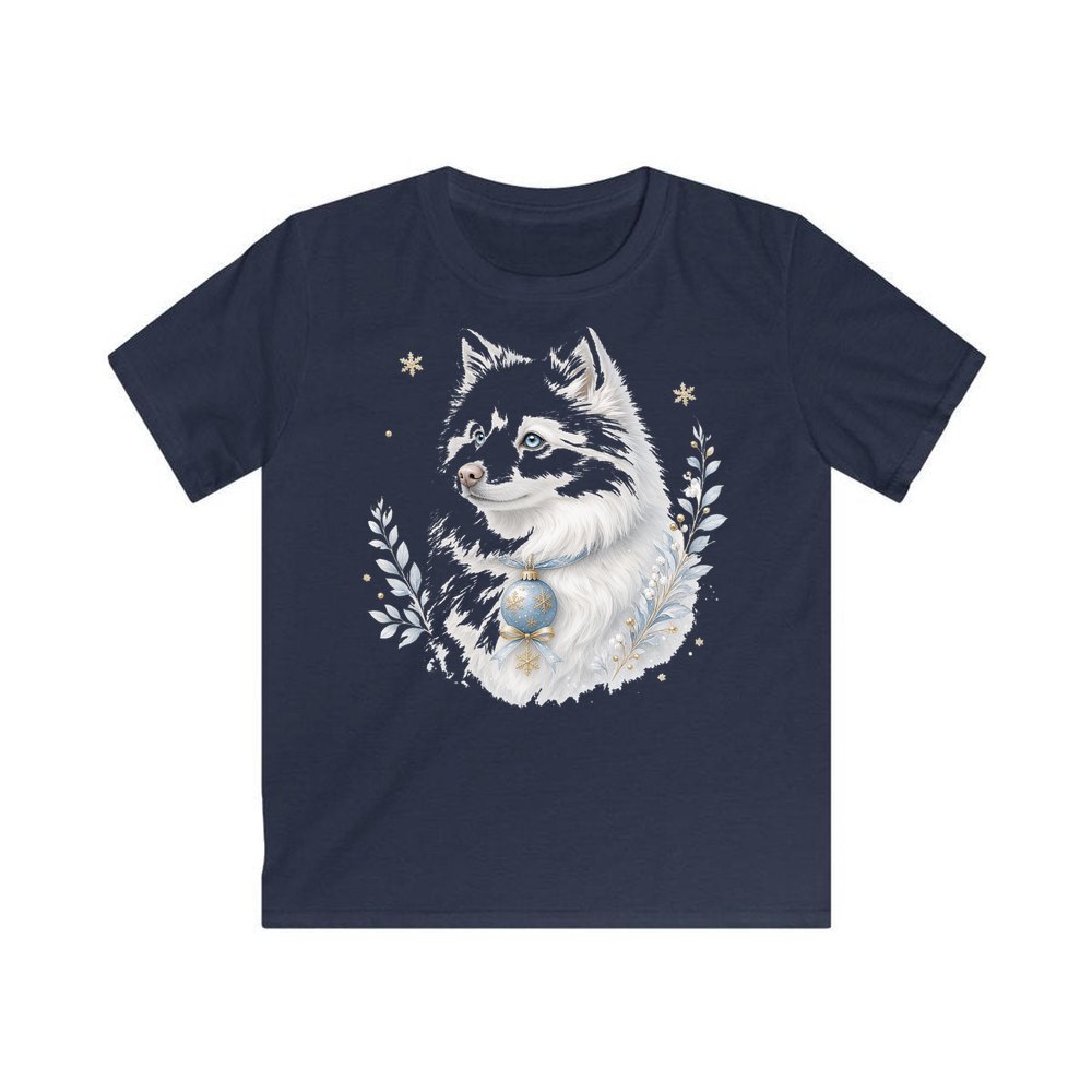 Snowy White Dog Bauble personalised kids Christmas tee in navy