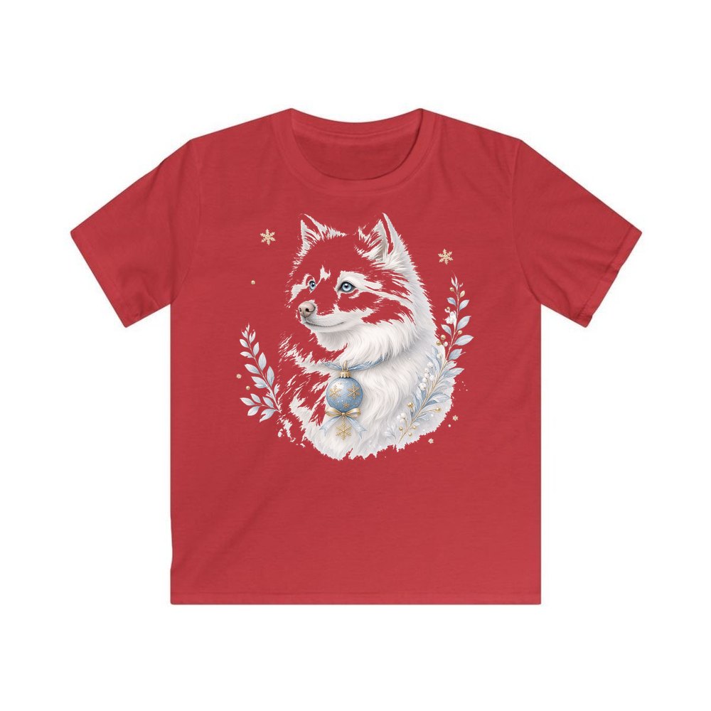 Snowy White Dog Bauble personalised kids Christmas tee in red