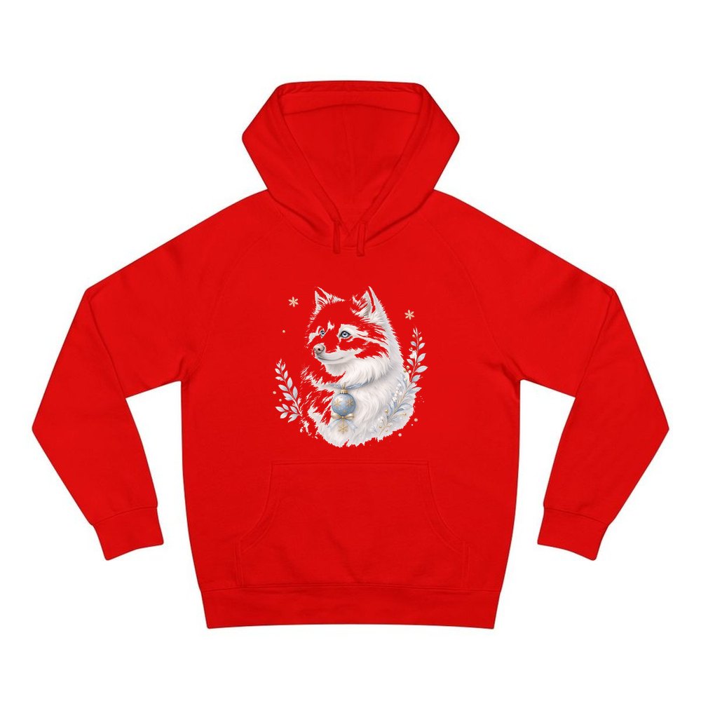 Snowy White Dog Bauble personalised Christmas hoodie in red