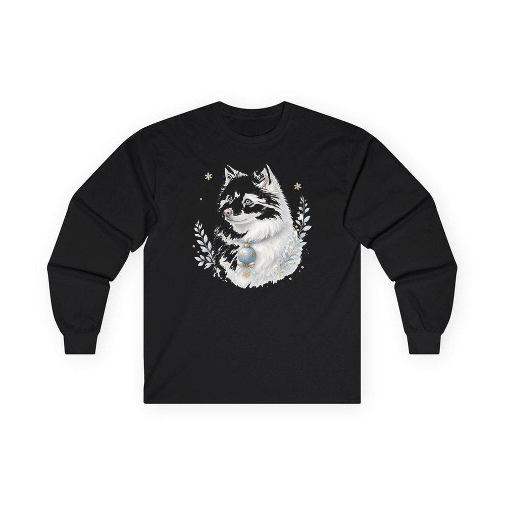 Snowy White Dog Bauble personalised long sleeve Christmas T-shirt in black