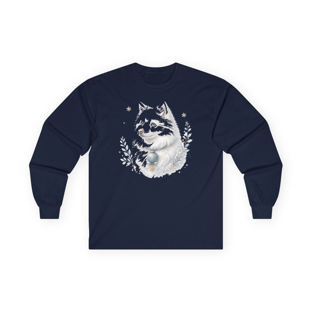 Snowy White Dog Bauble personalised long sleeve Christmas T-shirt in navy
