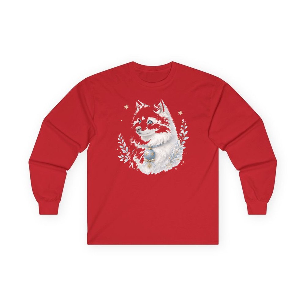 Snowy White Dog Bauble personalised long sleeve Christmas T-shirt in red