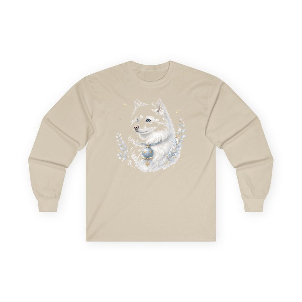 Snowy White Dog Bauble personalised long sleeve Christmas T-shirt in sand